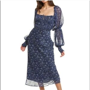 Free People Aglow Smocked Long-Sleeve Midi Dress Blue Floral